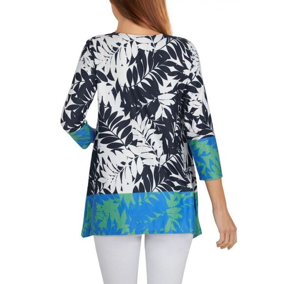 Ruby Rd Black & White Tropical Print Neon Trim 3/4 Sleeve V Neck Tunic Top, 3X - Picture 2 of 11